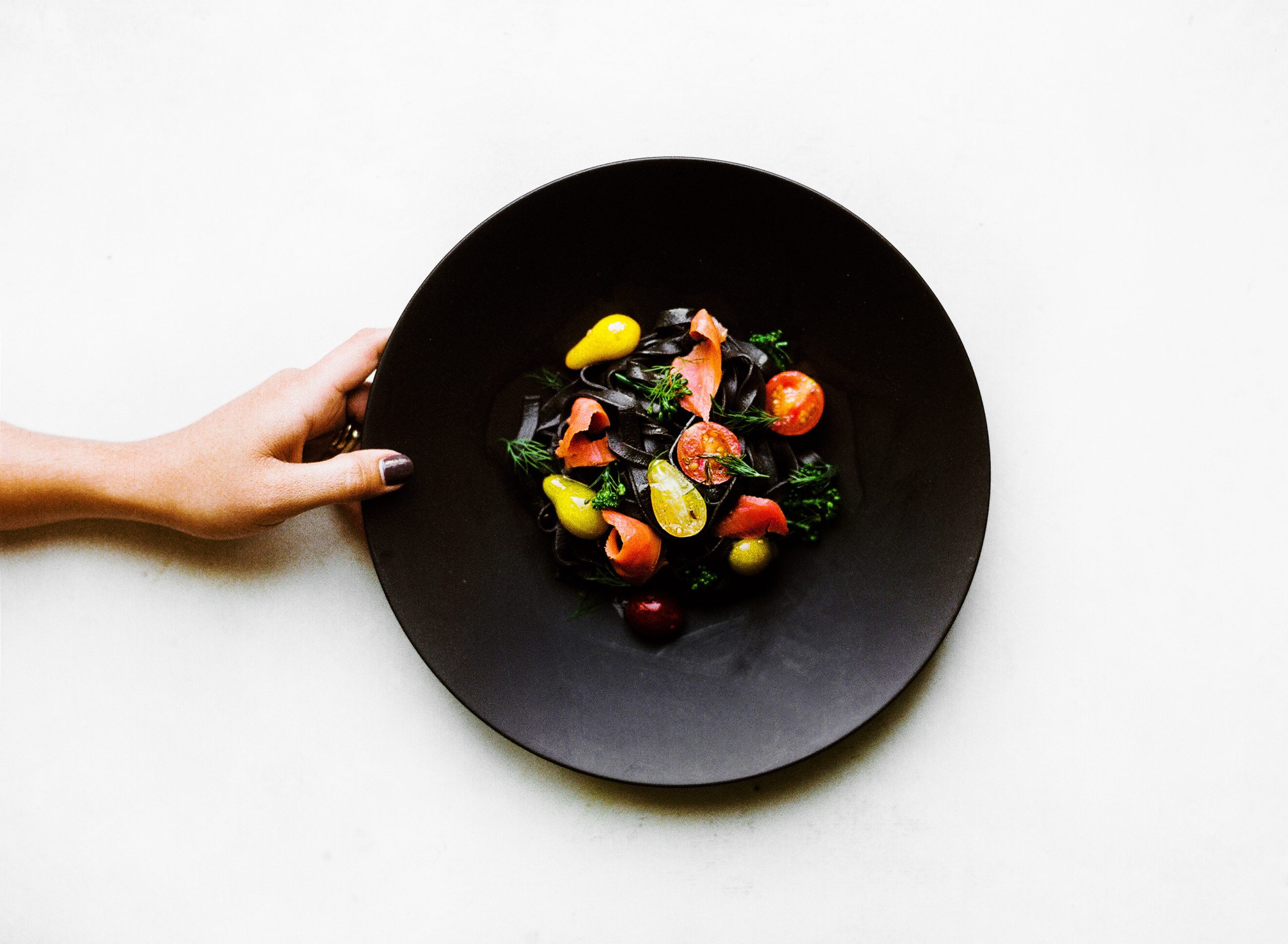 Squid Ink Pasta with Smoked Salmon, Fresh Dill and Cherry Tomatoes