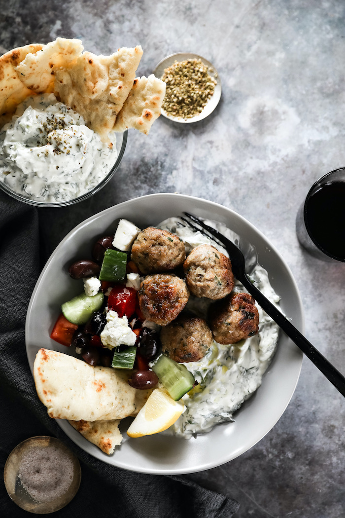 Lamb Keftedes with Homemade Tzatziki and Greek Salad