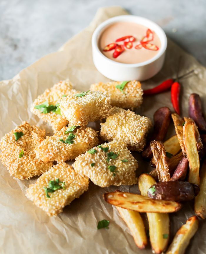 Air Fryer Sesame Fish Fritters with Fingerlings and Thai Chili Aioli